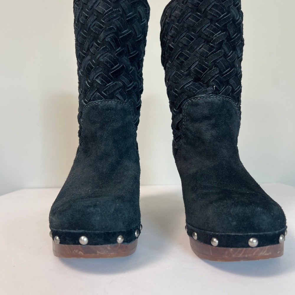 UGG Clog Boots Womens 8 Black Suede Woven Sheepskin Studs Wood Heel Boho F29011I
